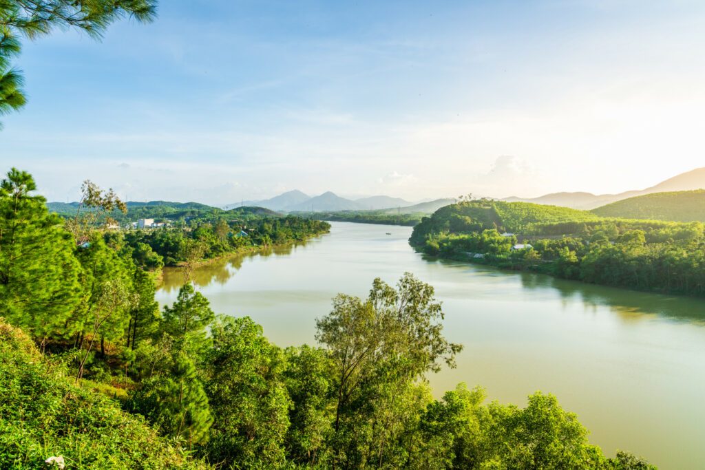 Scenic view of the Perfume River and surrounding landscape in Hue, Vietnam