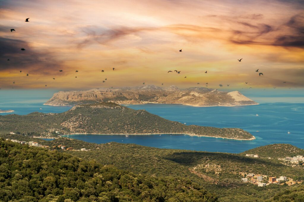 View of the Greek island of meis-Kastellorizo ​​with Lego-like buildings from Kaş, Turkey