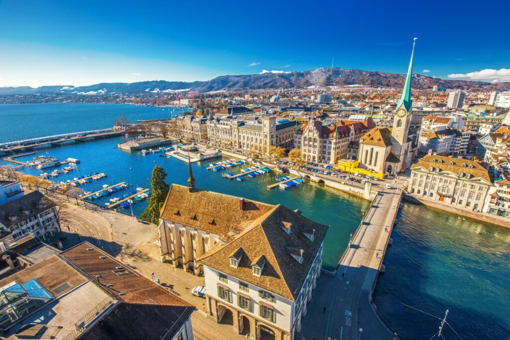 Historic Zürich city center with famous Fraumünster Church, Zürich lake and Limmat river, Switzerland