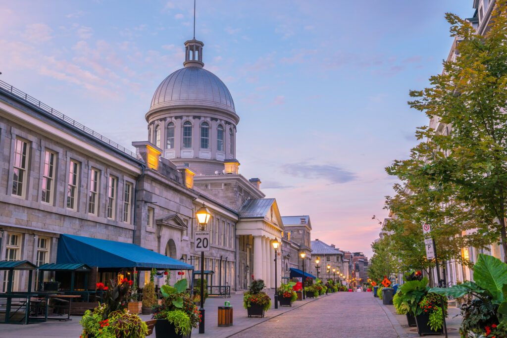 Old town Montreal at famous Cobbled streets at twilight