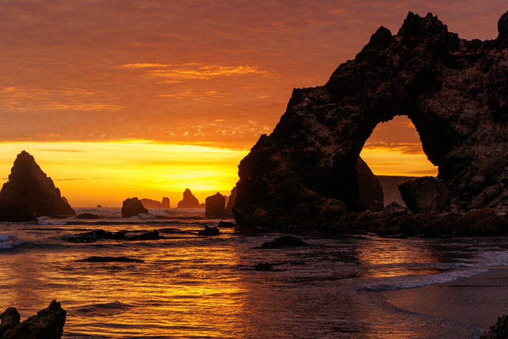 Sunset Marcona seascape, beautiful beaches and rock formations on the coast of Marcona, Peru