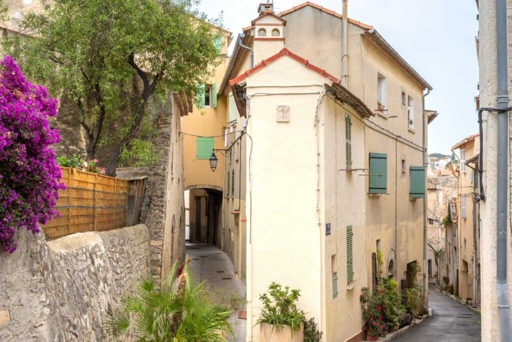 Alleyway in the town of Ollioules, Provence, France. Nice contrast between the walls and the fresh colored plants.