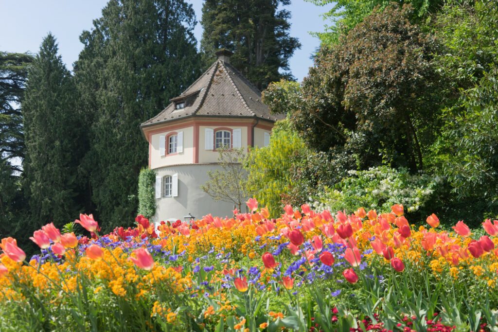 Bunte Blumenbeete im Schlosspark auf der Insel Mainau