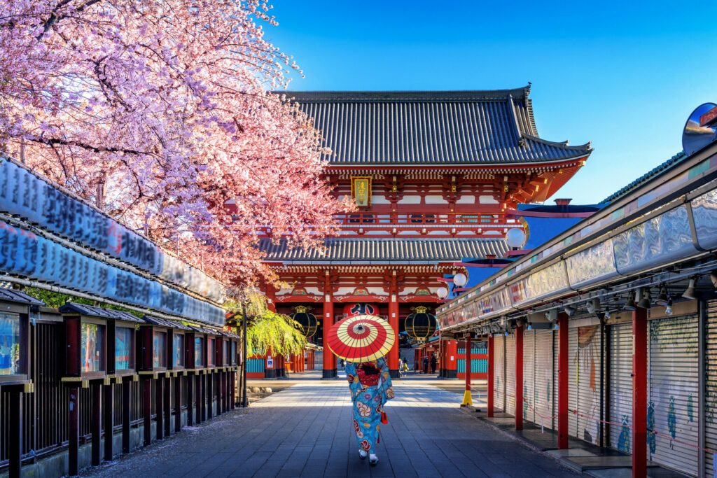 Asian woman wearing japanese traditional kimono at Temple in Tokyo, Japan.