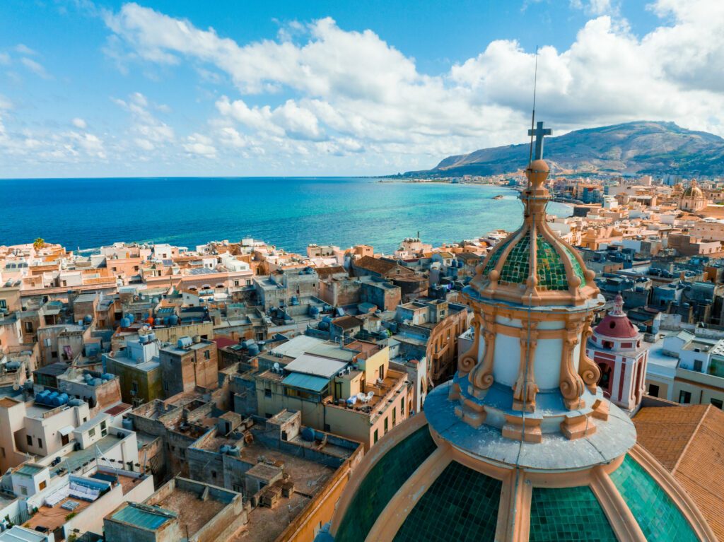 Aerial panoramic view of Trapani harbor, Sicily, Italy. Beautiful holiday town in Italy.