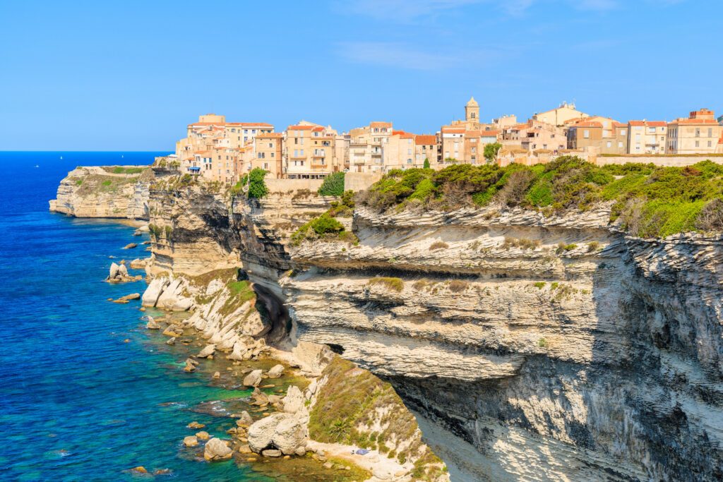 View of Bonifacio town located on high cliff above sea, Corsica island, France