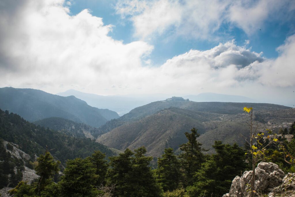 Breathtaking view of Parnitha mountain from Bafi refuge in Aharnes, Attiki, Greece