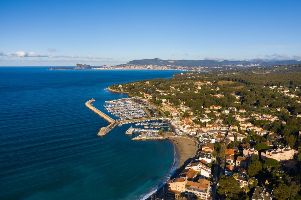 Top view of the embankment and the village of Saint-cyr-sur-mer, France