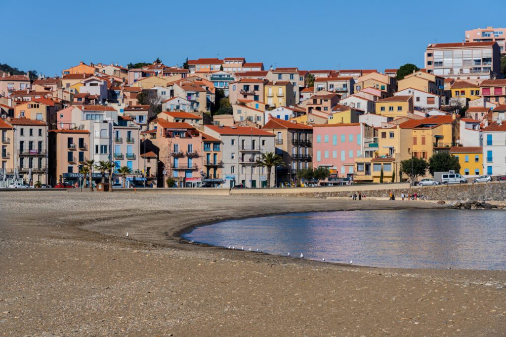 Pastel coloured apartment buildings in the village of Banyuls-sur-Mer, Pyrenees-Orientales, France