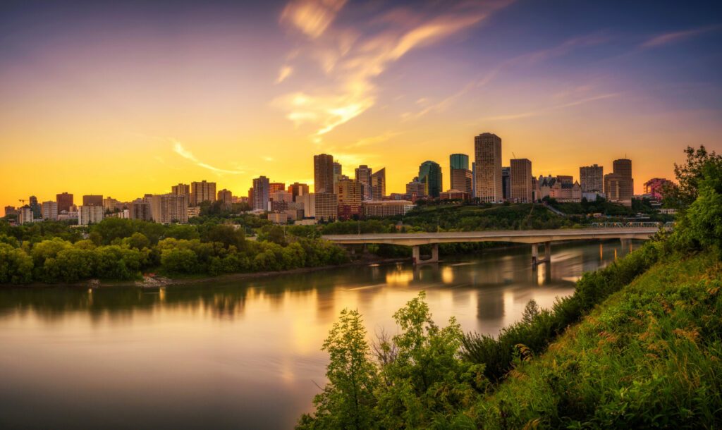 Sunset above Edmonton downtown and the Saskatchewan River, Canada