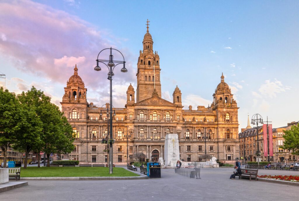 Glasgow City Chambers and George Square in Glasgow, Scotland