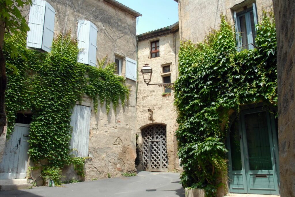 Ville de Pézenas, façades de maison en pierre et volets fermés, vigne vierge grimpe contre le mur, département de l'Hérault, France