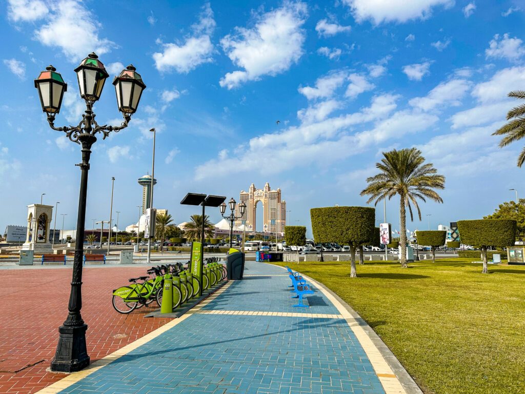 Abu Dhabi Corniche promenade in Al Marina, cycle and pedestrian pathways in United Arab Emirates