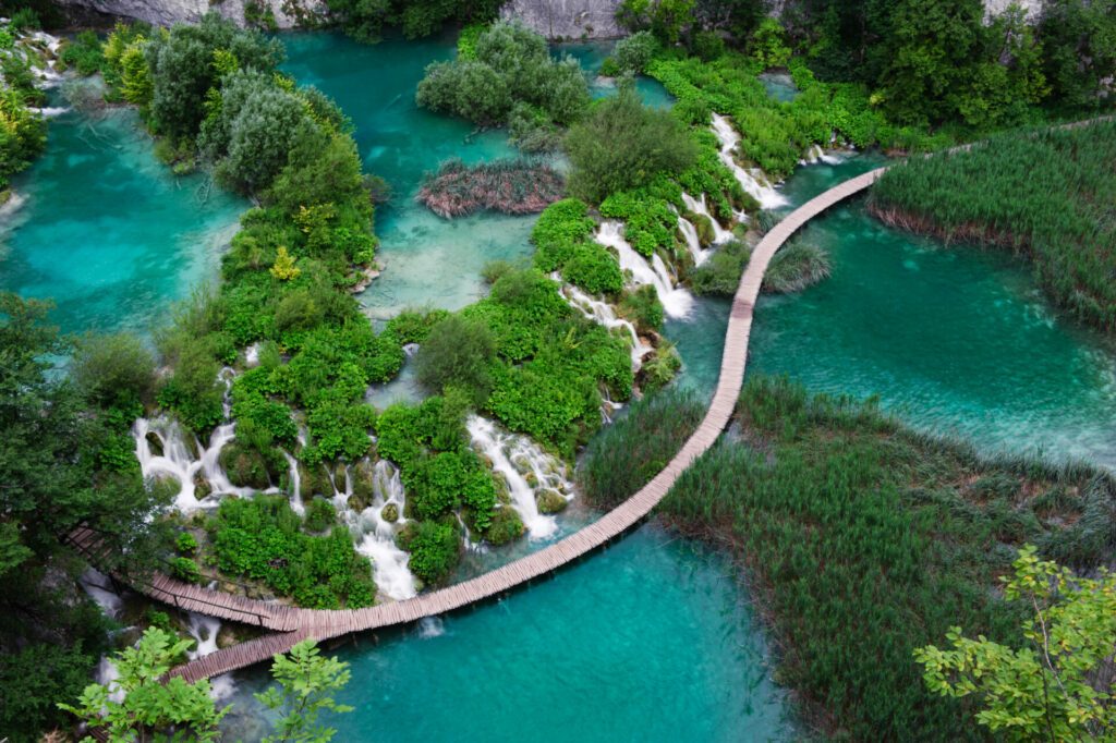 Waterfalls in Plitvice National Park. Aerial view.