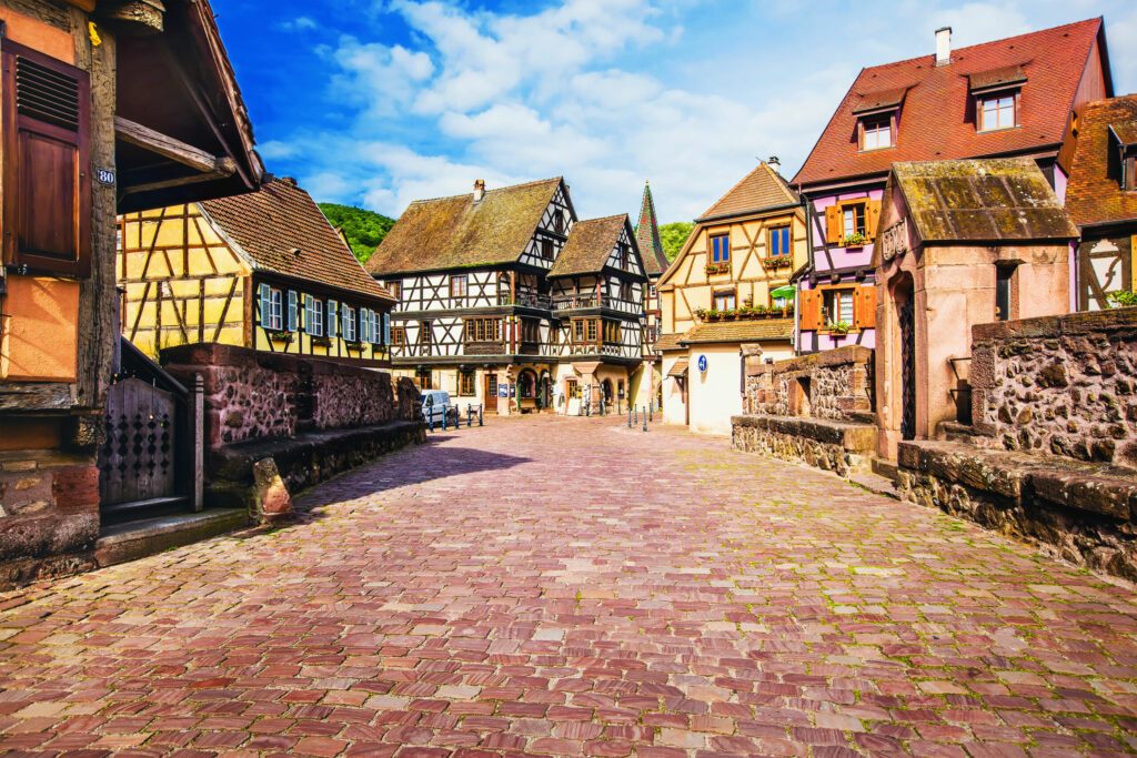 Picturesque street in Kaysersberg, Alsace, France