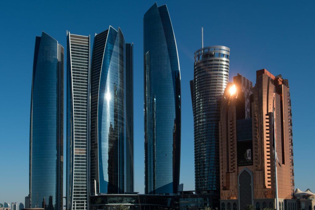 The Etihad towers, located in Abu Dhabi, in the afternoon sunshine