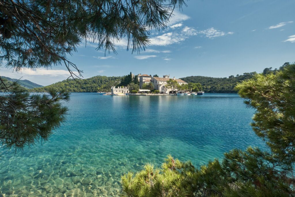 Landscape with trees and blue lake. Mljet National Park, Croatia