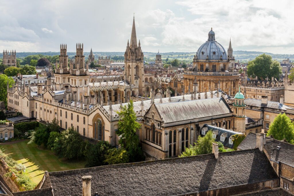 Oxford city skyline with Radcliffe Camera and the countryside of Boars Hill