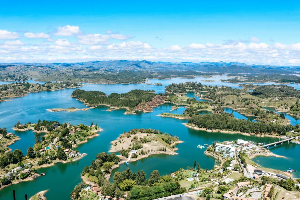 View of the lake landscapes of Guatape seen from Piedra del Peñol