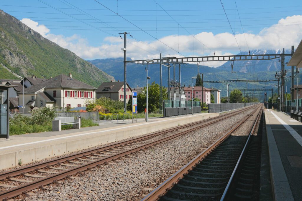 Electrified railway tracks. Vernayaz, Martigny, Switzerland