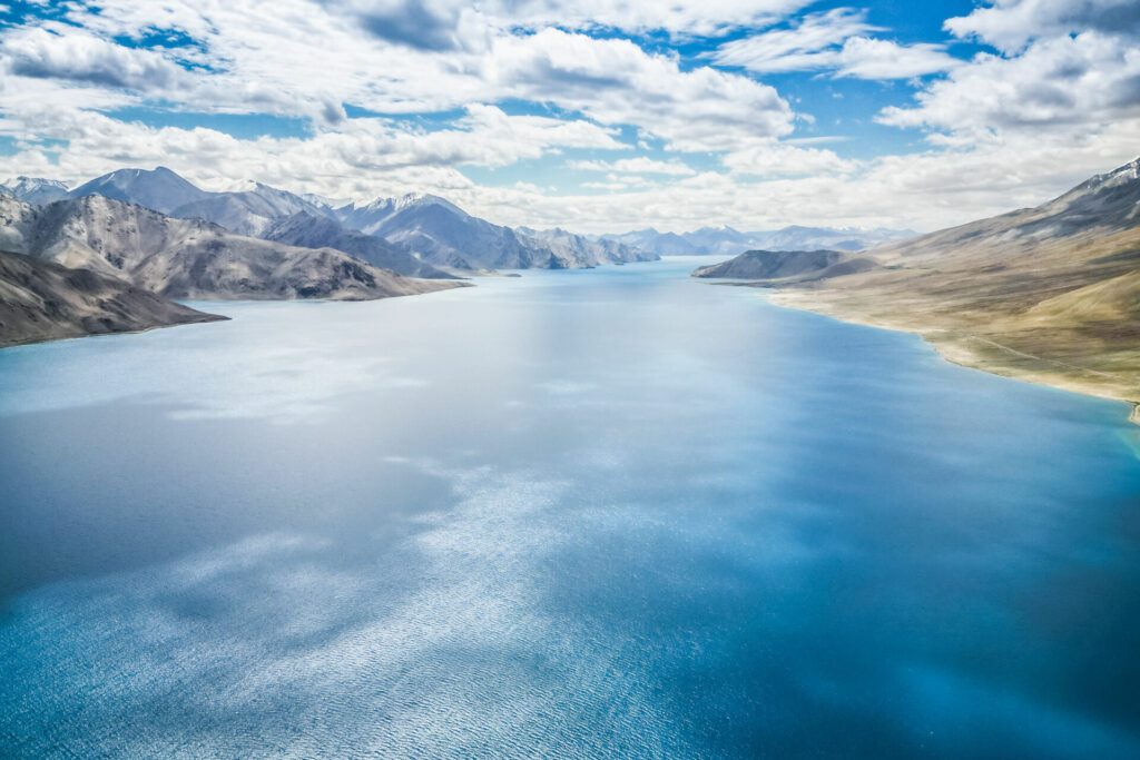 High mountain lake Pangong Tso, aerial view, Himalaya nature, Ladakh, India