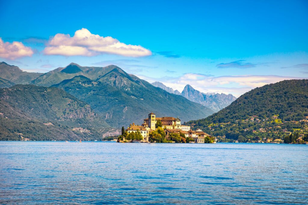 Orta Lake landscape. Orta San Giulio village and island Isola S.Giulio view, Italy