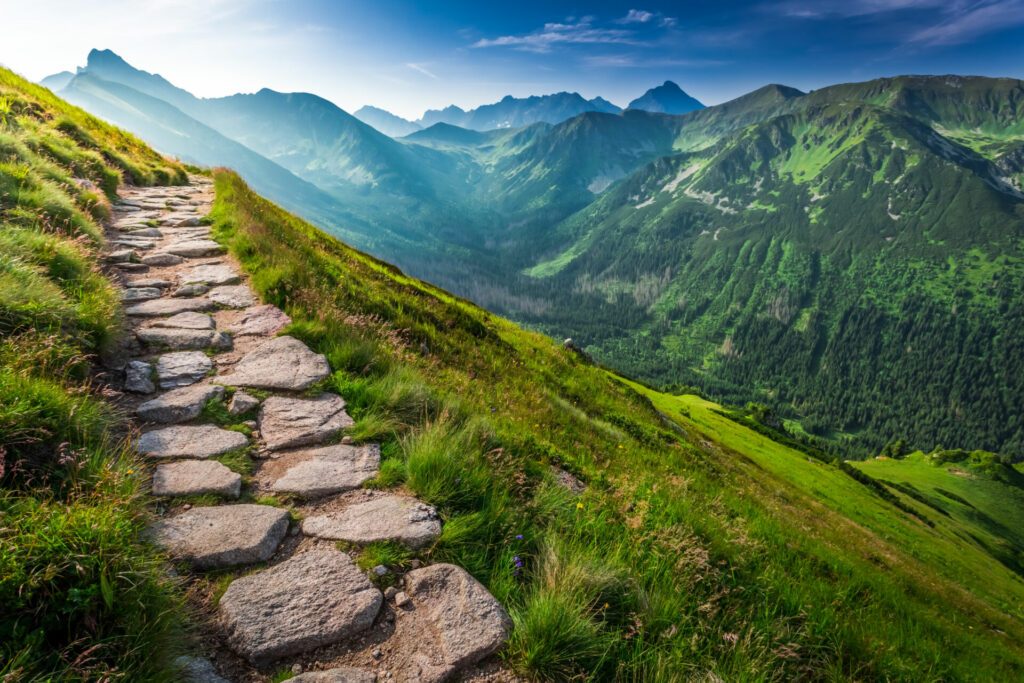 Footpath in the Tatras Mountains at sunrise, Poland