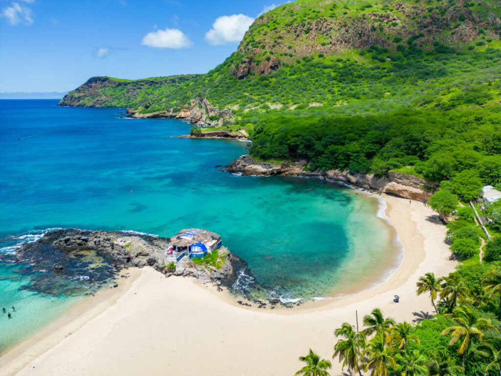 Tarrafal Beach - Cape Verde Aerial View. Santiago Island Landscape of Tarrafal - popular tourist destination. The Republic of Cape Verde is an island country in the Atlantic Ocean. Africa.