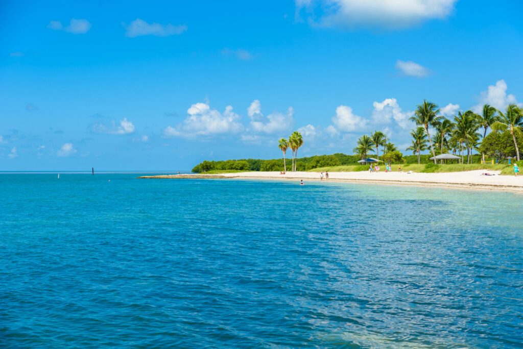 Sombrero Beach with palm trees on the Florida Keys, Marathon, Florida, USA. Tropical and paradise destination for vacation.