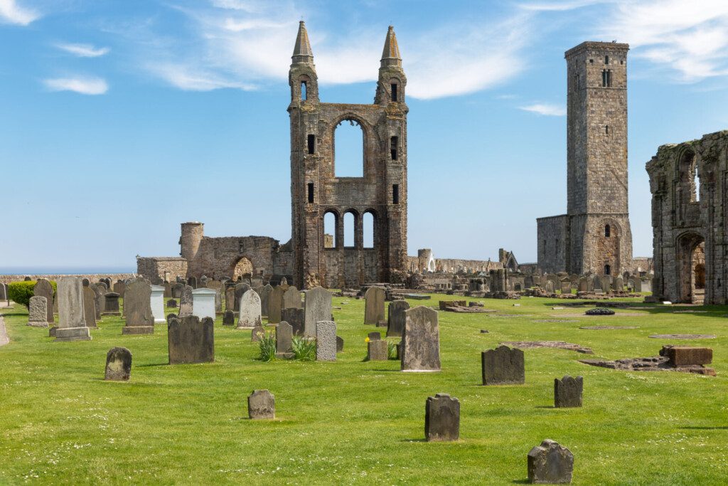 Graveyard with tombstones near ruin of St Andrews Cathedral ,Scotland